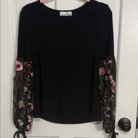 Joseph Ribkoff Black Blouse with Floral Sleeves - Picture 1 of 2